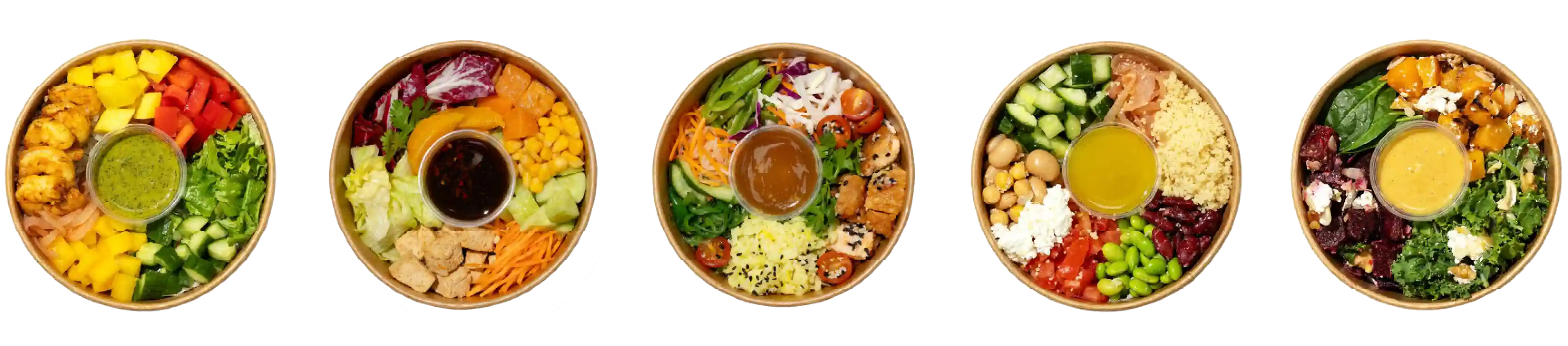 A line of 5 different salads and bowls containing different vegetables, meats, toppings, and sauces.
