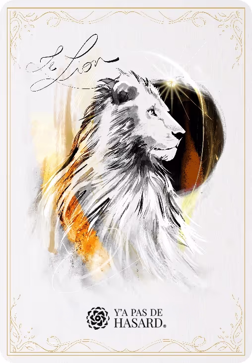 Artistic profile illustration of a lion with a golden mane set against a black and orange sun, framed by decorative gold borders and containing cursive text 'le Lion' and 'Ordonner sa destinée'.