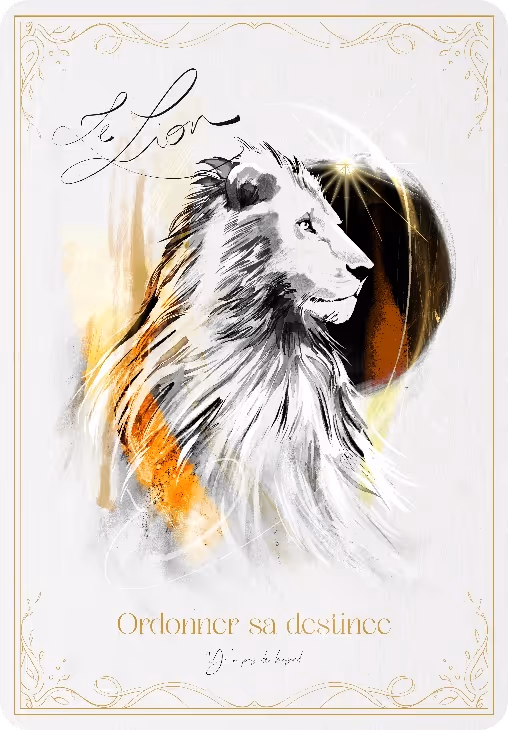 Artistic profile illustration of a lion with a golden mane set against a black and orange sun, framed by decorative gold borders and containing cursive text 'le Lion' and 'Ordonner sa destinée'.