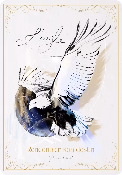 Illustration of an eagle with outstretched wings above a dark crescent shape, framed by an ornate golden border with French text 'L'aigle' and 'Rencontrer son destin'.