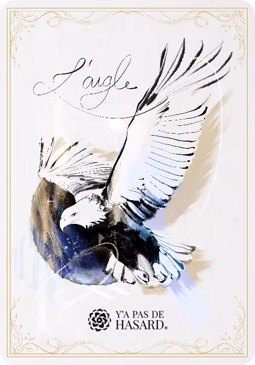 Illustration of an eagle with outstretched wings above a dark crescent shape, framed by an ornate golden border with French text 'L'aigle' and 'Rencontrer son destin'.