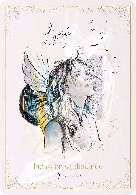 Artistic illustration of a woman with angel wings, looking upward with eyes closed, surrounded by flying birds and subtle golden decorative border.