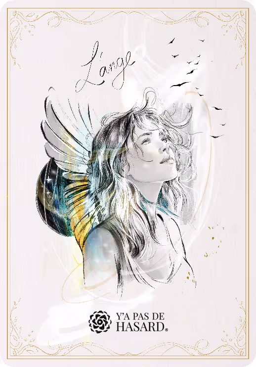 Artistic illustration of a woman with angel wings, looking upward with eyes closed, surrounded by flying birds and subtle golden decorative border.