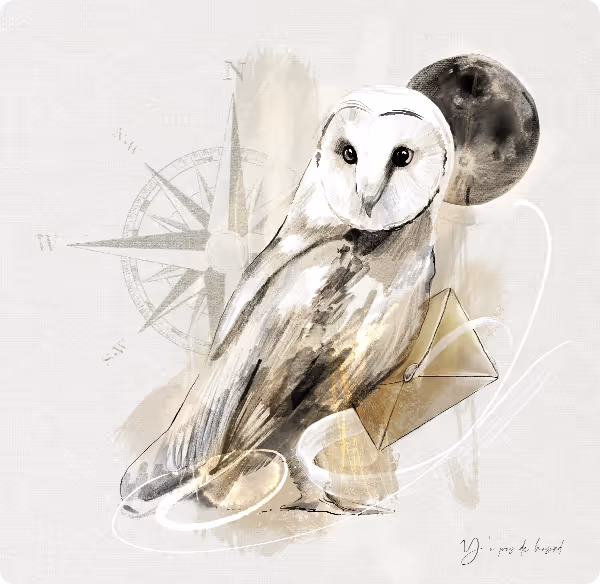 Artistic watercolor painting of a barn owl holding a golden envelope, with a compass and a dark full moon in the background.