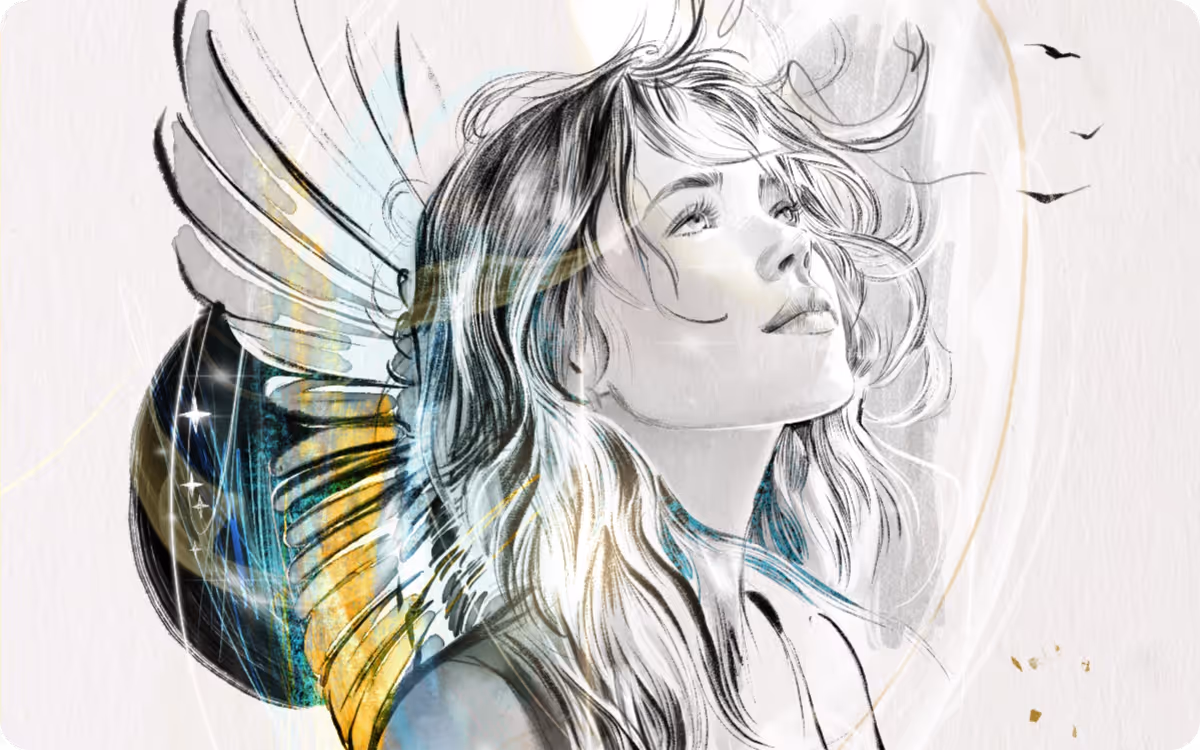 Artistic sketch of a woman with flowing hair looking upwards, featuring stylized wings and birds in the background.