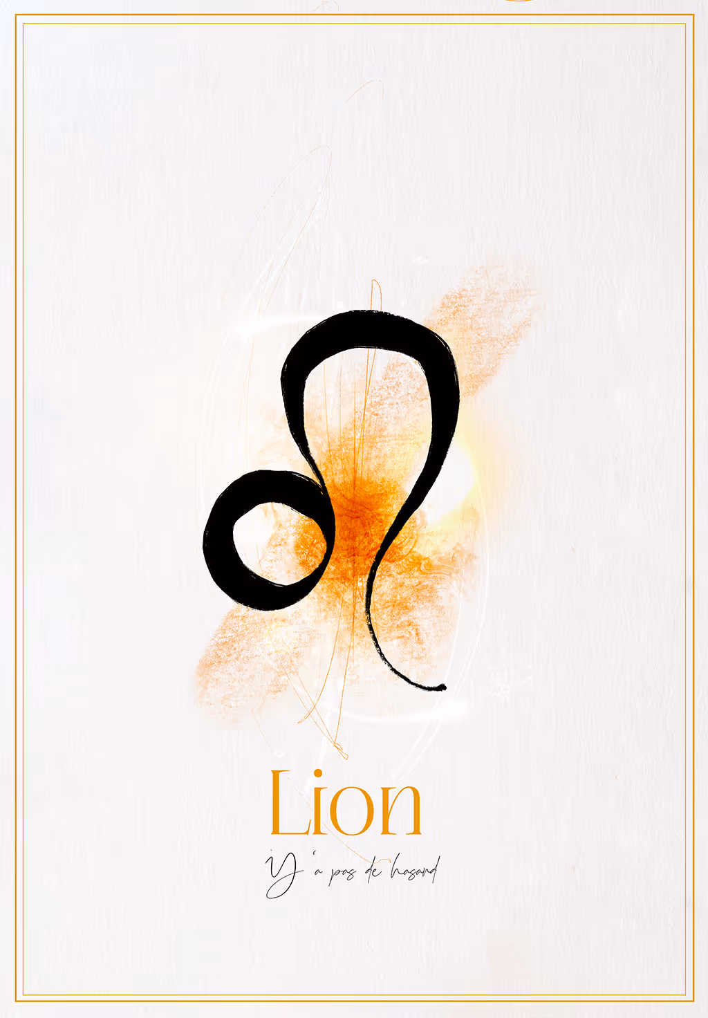 Astrological symbol for Leo in black over a yellow watercolor background with the text 'Lion' below it.