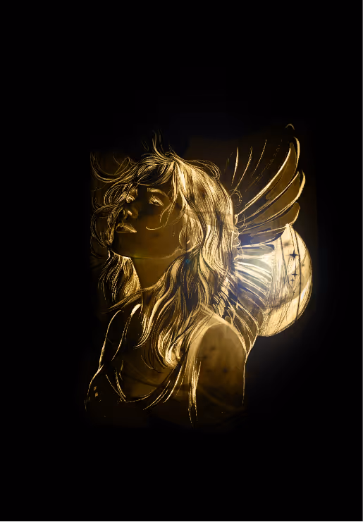 Golden artistic illustration of a woman with flowing hair and angel wings against a dark background.