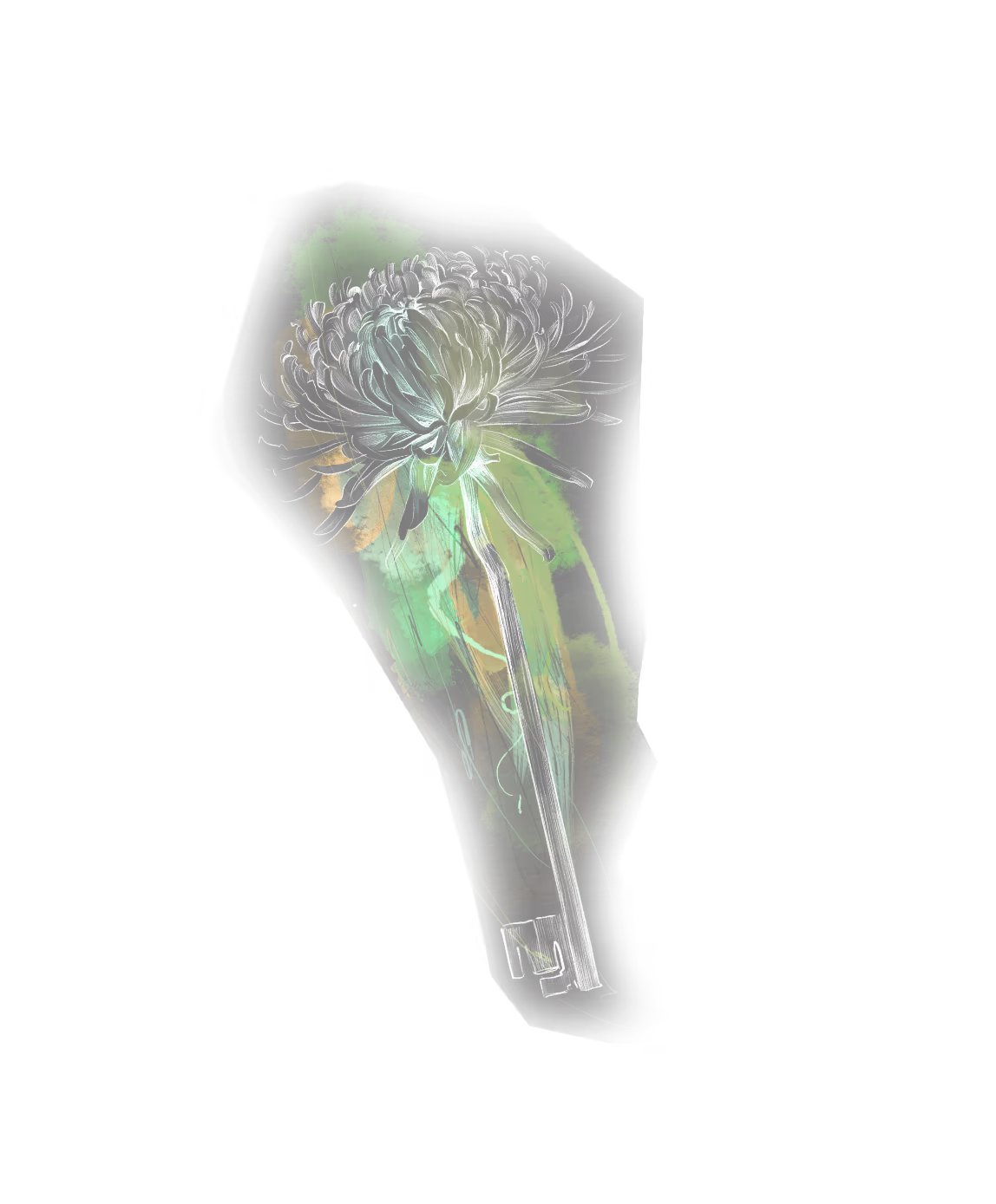 Illustration of a key with a flower-shaped bow and green and orange watercolor splashes on a black background.