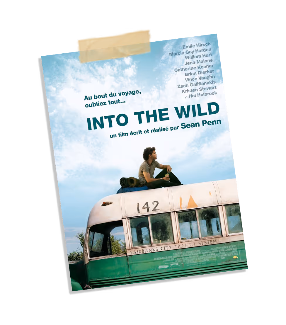 Movie poster for Into the Wild showing a man sitting on the roof of a green and white bus numbered 142 under a blue sky with clouds.