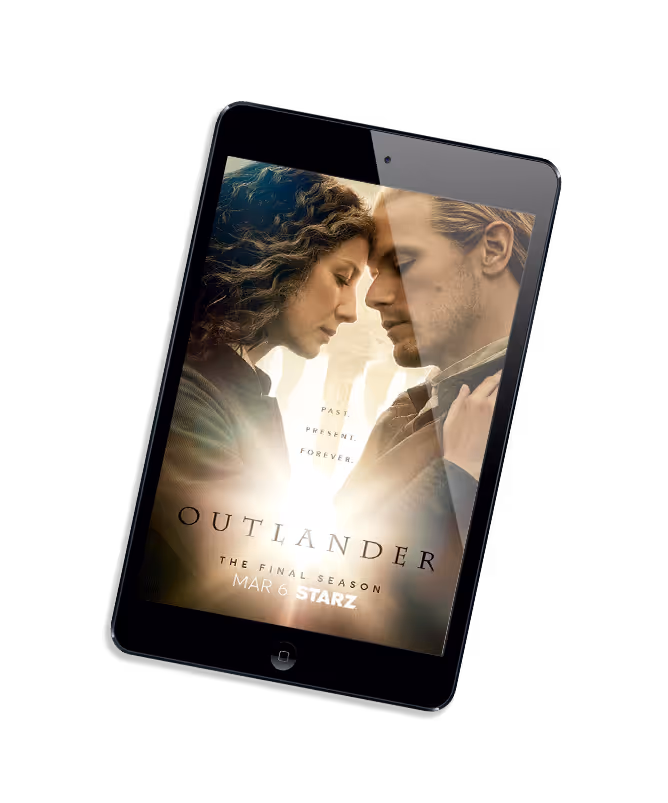Tablet displaying a promotional poster for Outlander final season with two characters facing each other closely.