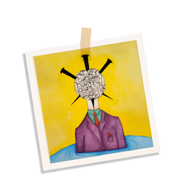 Illustration of a person in a purple suit with a globe-like cluster of faces for a head and four large nails protruding from it, against a yellow background.