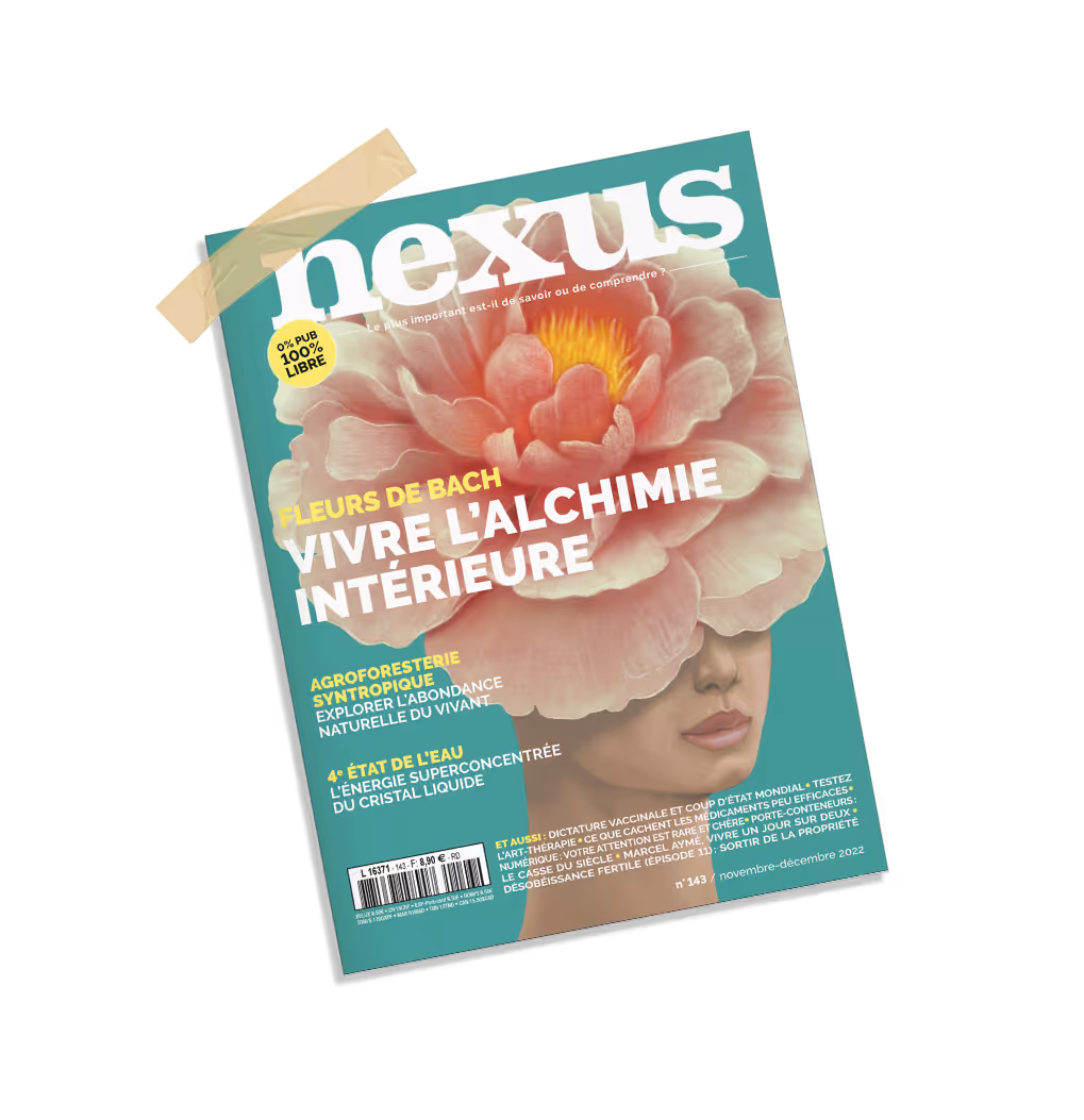 Magazine cover titled 'nexus' featuring a large pink flower over a woman's face with text about Bach flowers, agroforestry, water energy, and various social topics in French.