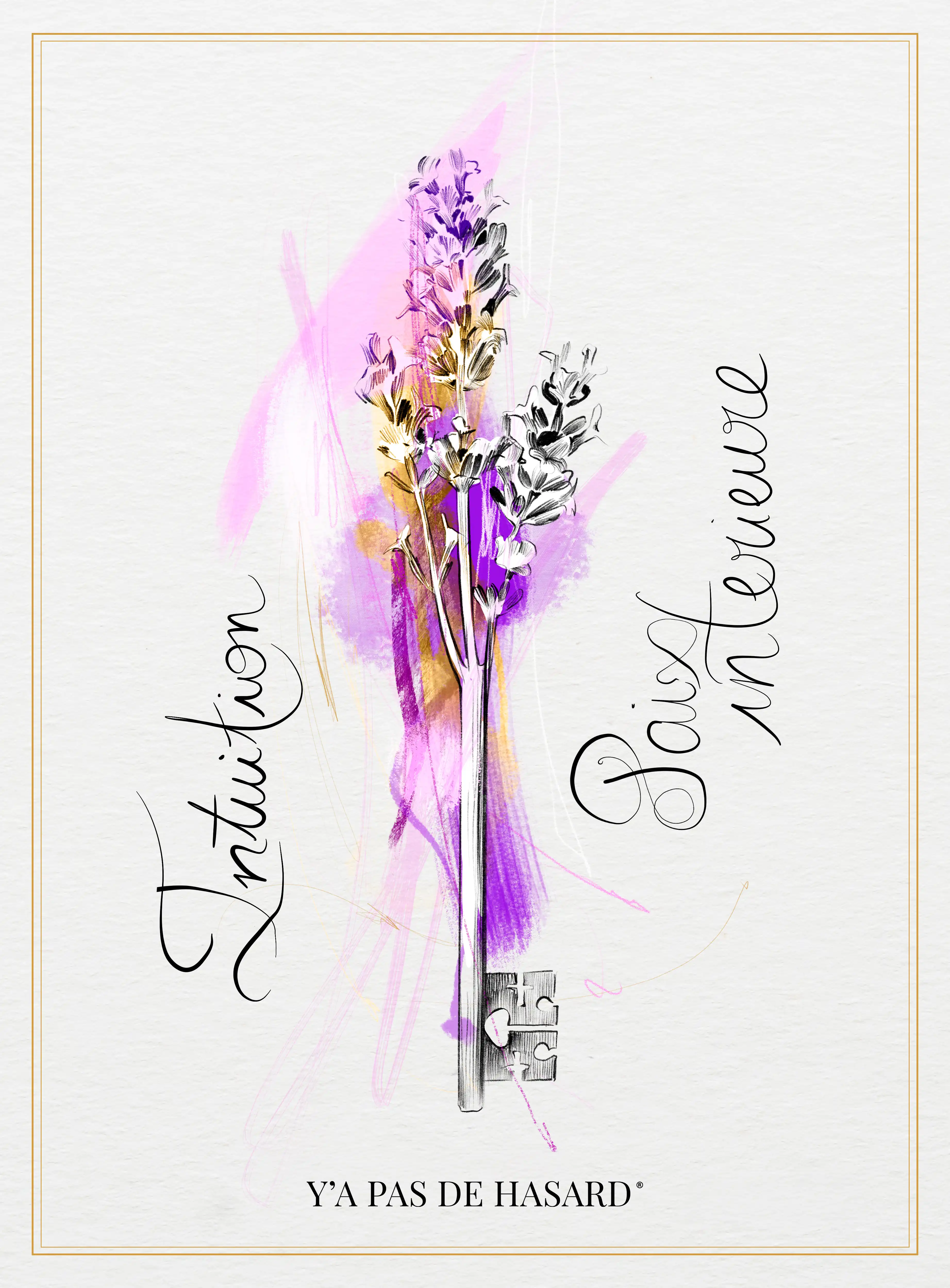 Illustration of a vintage key with lavender flowers growing from the top, overlaid on watercolor splashes in purple and gold, with handwritten words 'Intuition' on the left and 'Poise interviewe' on the right, and 'Y’A PAS DE HASARD' at the bottom.