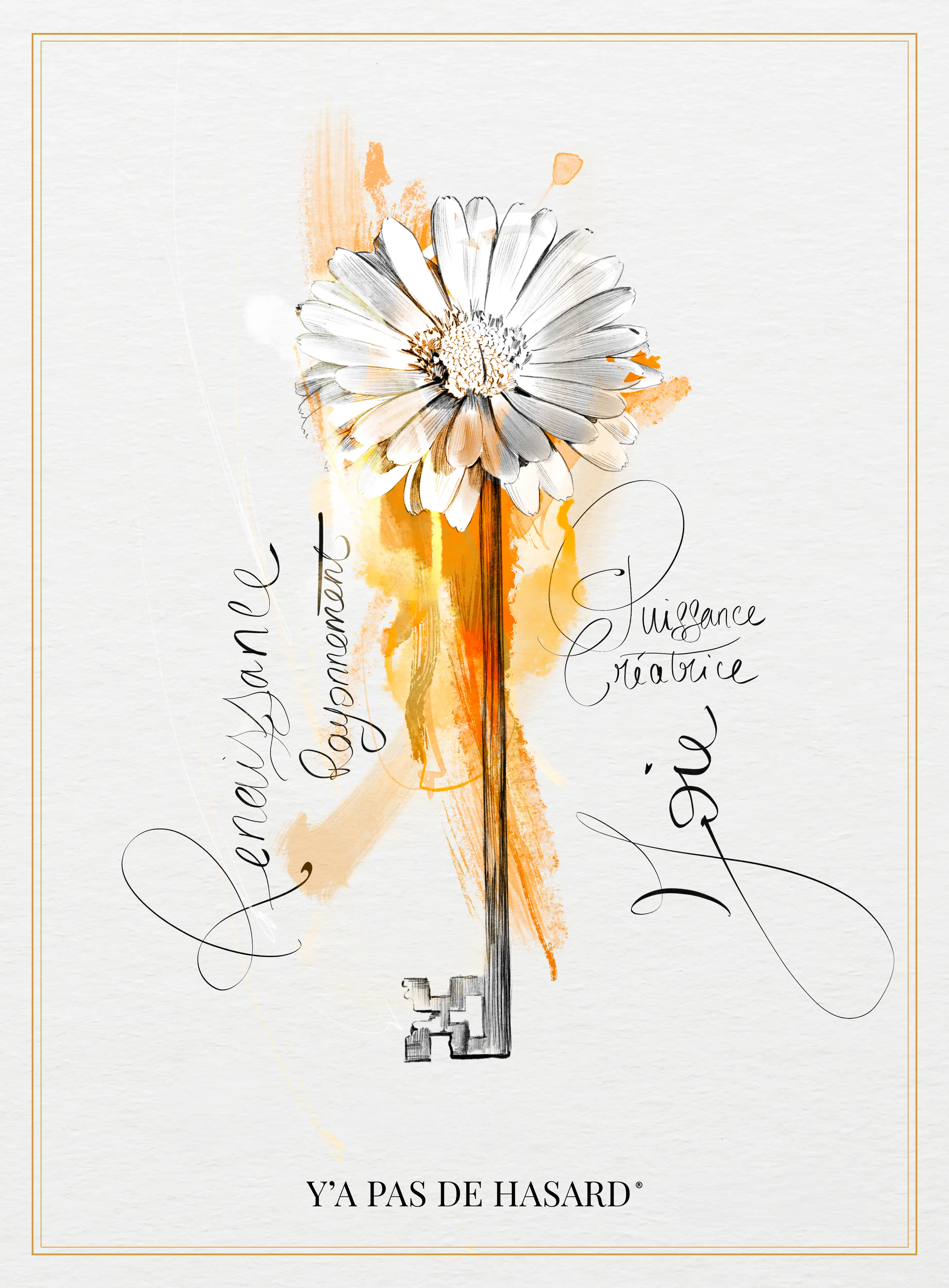 Illustration of a key with a daisy flower as the bow, surrounded by French words meaning 'Nurture, Ray of light, Creative power, and Joy'.