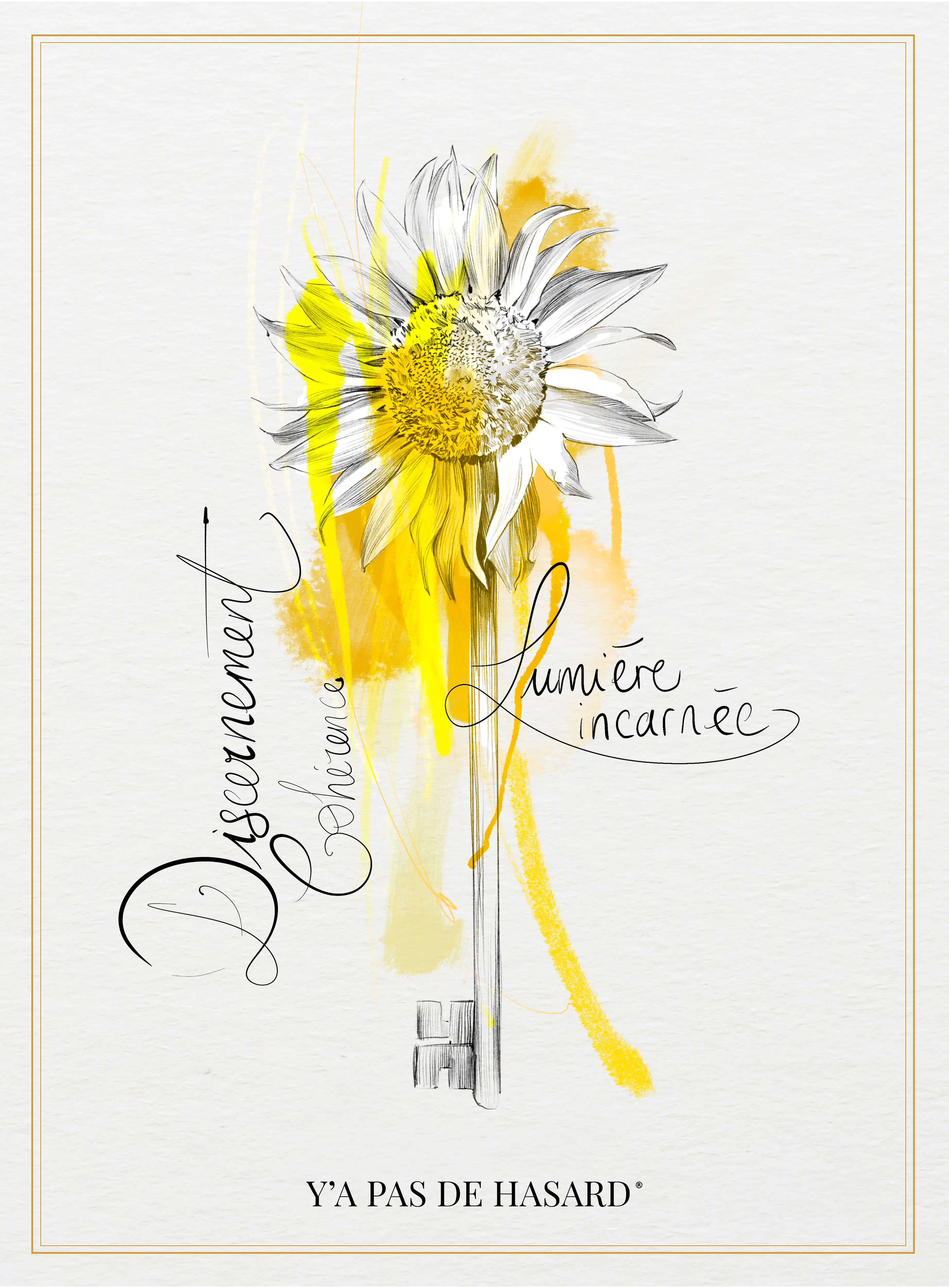 Artistic illustration of a key with a sunflower blooming at the top, featuring yellow paint splashes and handwritten French words.