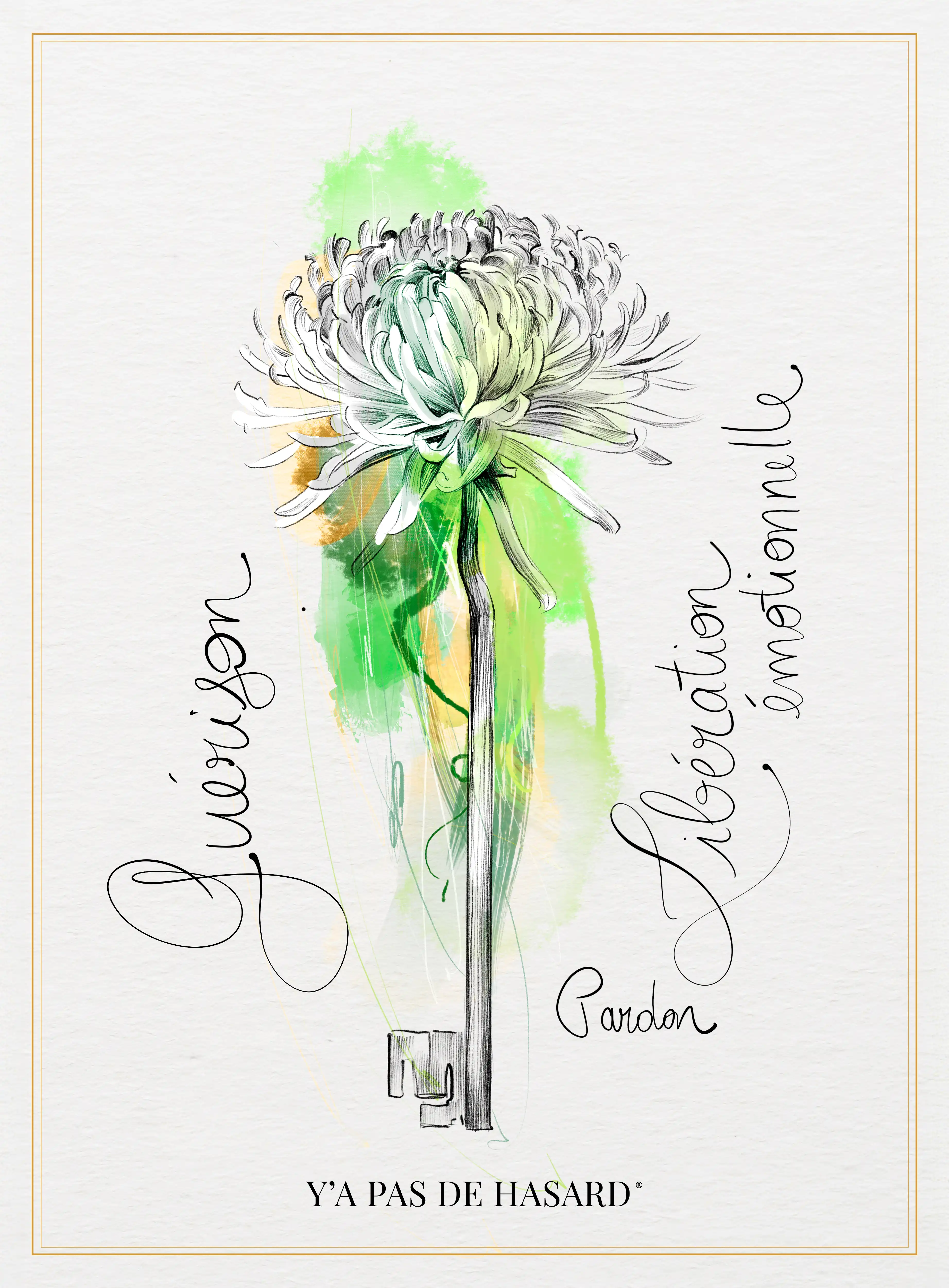 Sketch of a key with a flower as the bow, colored with green and yellow watercolor splashes, surrounded by French words 'Curiosité,' 'Libération émotionnelle,' and 'Pardon', with the phrase 'Y'A PAS DE HASARD' at the bottom.