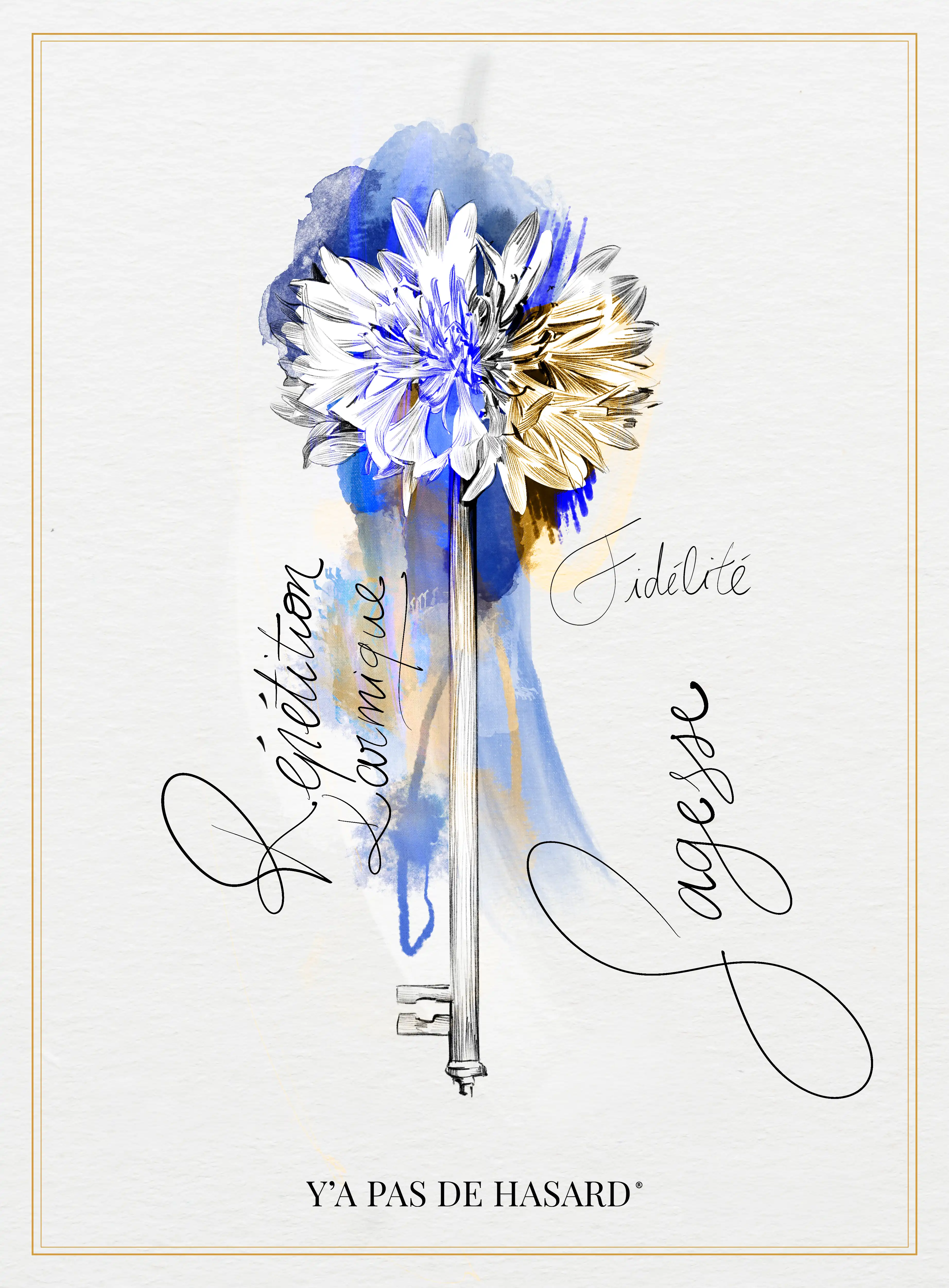 Artistic vintage key topped with a flower blending blue, white, and yellow watercolor, surrounded by handwritten French words rejection, love, fidelity, and pregnancy.
