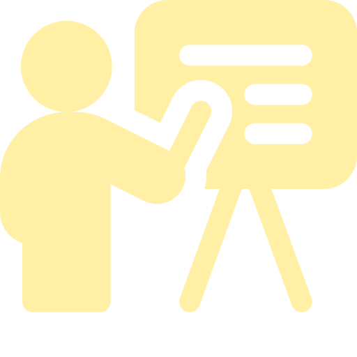 Icon of a person pointing at a presentation board with text lines.