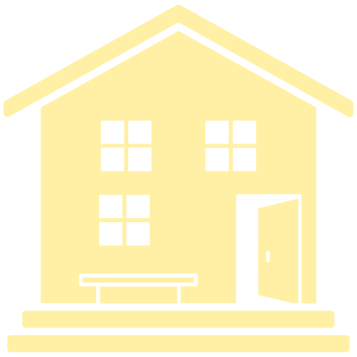 Simple icon of a yellow house with four windows, an open door, and a bench in front.