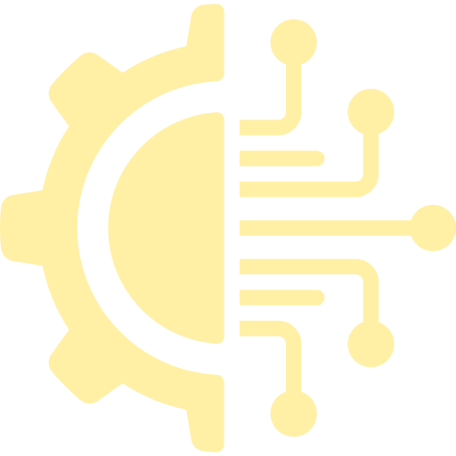 Icon showing half gear on the left and circuit lines with nodes on the right, symbolizing technology and digital transformation.