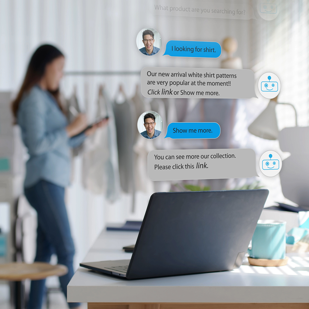 Woman standing near clothing rack browsing a tablet in a store with chatbot conversation bubbles about searching and showing white shirt patterns overlaid.