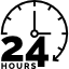 Icon of a clock above the number 24 and the word 'hours' indicating 24-hour service or support.
