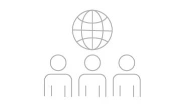 Outline icon of three people standing side by side with a globe above them, representing global community or teamwork.