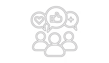 Line drawing of three people with speech bubbles above showing a heart, thumbs up, and plus sign.