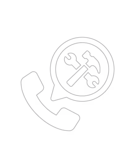Icon of a telephone handset with a speech bubble containing a wrench and hammer crossed, symbolizing technical support or repair service.
