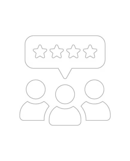 Three outline figures with a speech bubble above showing a four-star rating.