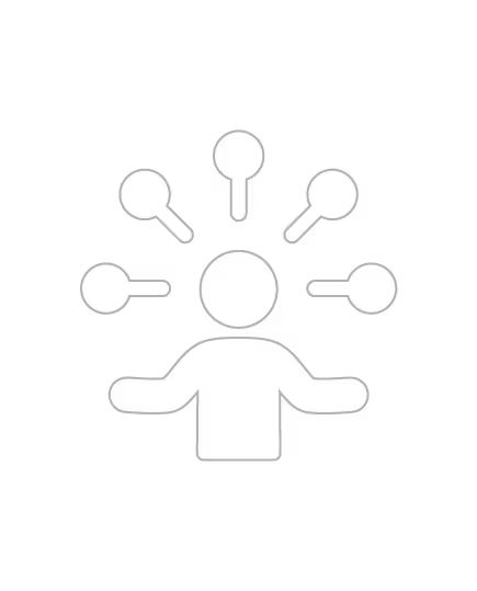 Outline icon of a person with five magnifying glasses surrounding the head.