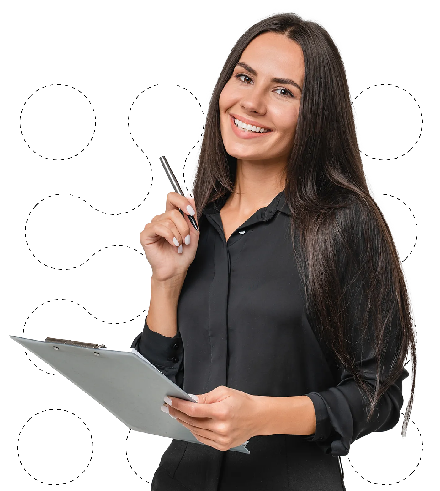 Smiling woman in black shirt holding a pen and clipboard.