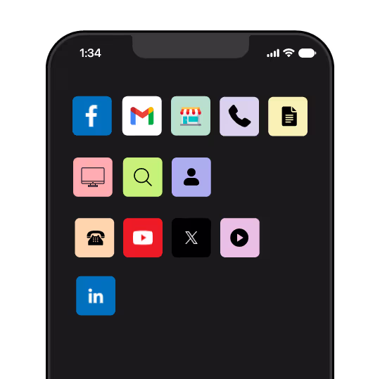 Smartphone screen showing a grid of social media and communication app icons including Facebook, Gmail, a store, phone, document, computer monitor, search, user, telephone, YouTube, X, video play, and LinkedIn on a dark background.