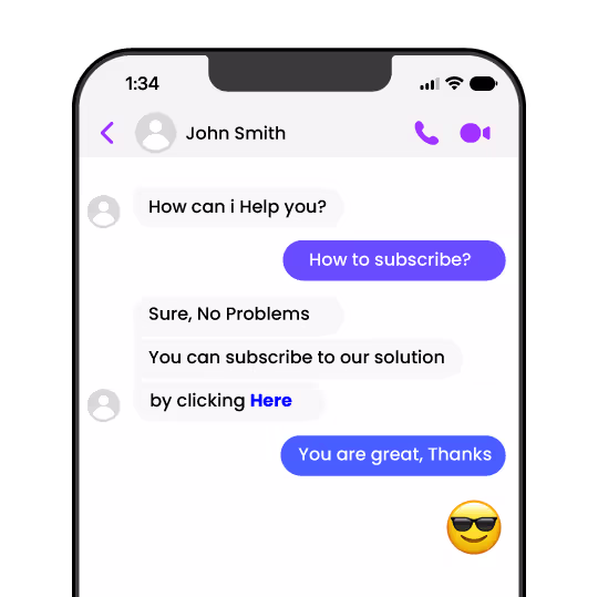 Chat screen with John Smith where user asks how to subscribe, receives instructions with a clickable link, and replies with thanks and a sunglasses emoji.