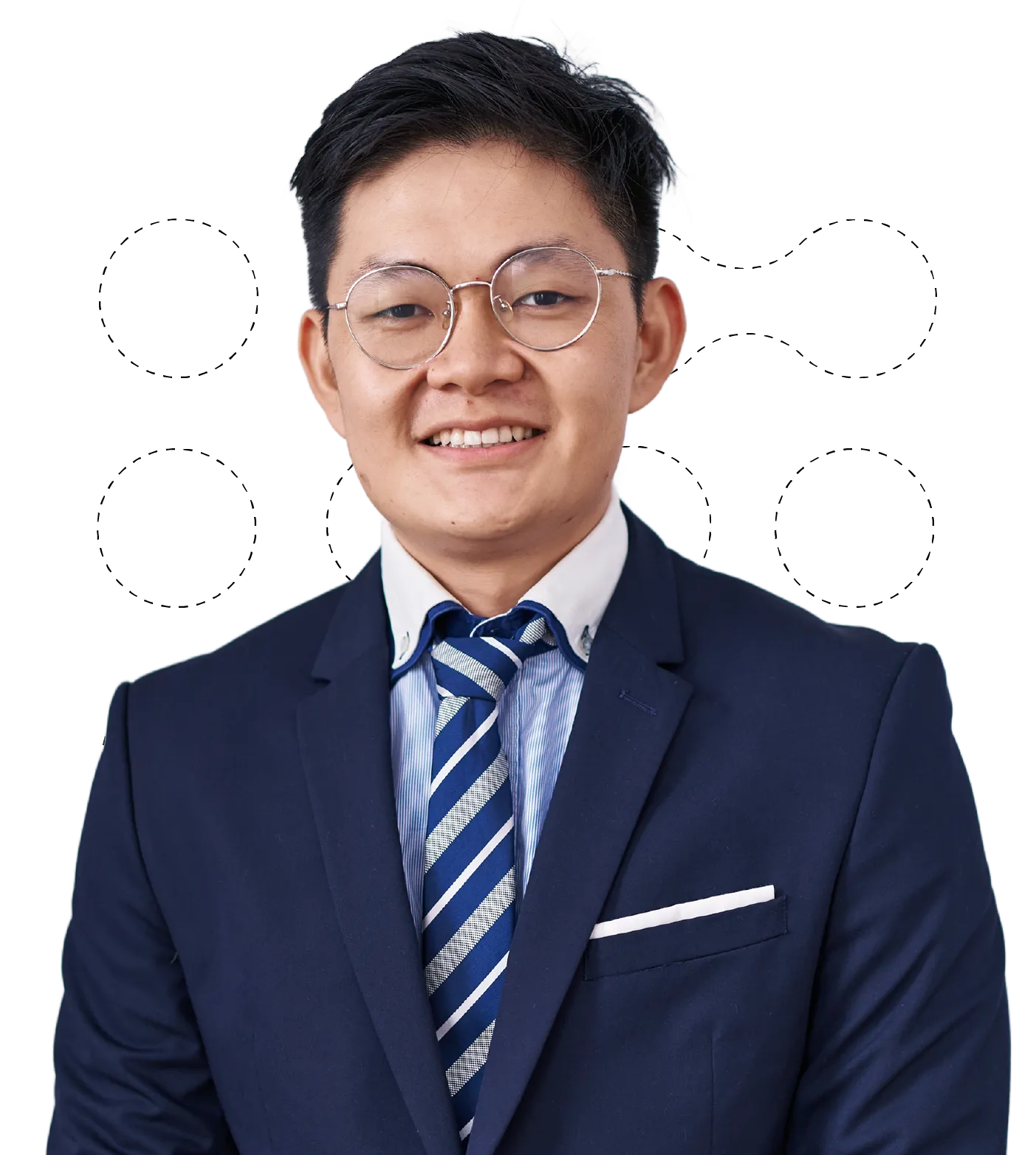 Smiling young man wearing round glasses, a blue suit, striped tie, and white dress shirt.