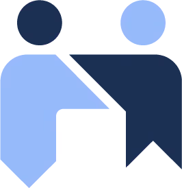 Abstract icon of two stylized people shaking hands, one in blue and the other in dark blue.