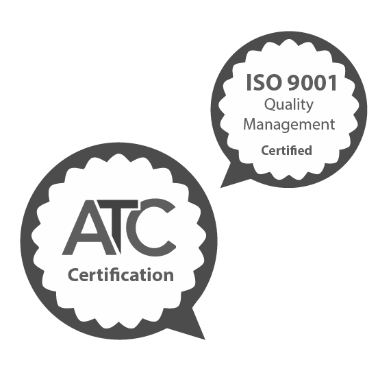 Two certification badges with speech bubble shapes, one reading 'ATC Certification' and the other 'ISO 9001 Quality Management Certified'.