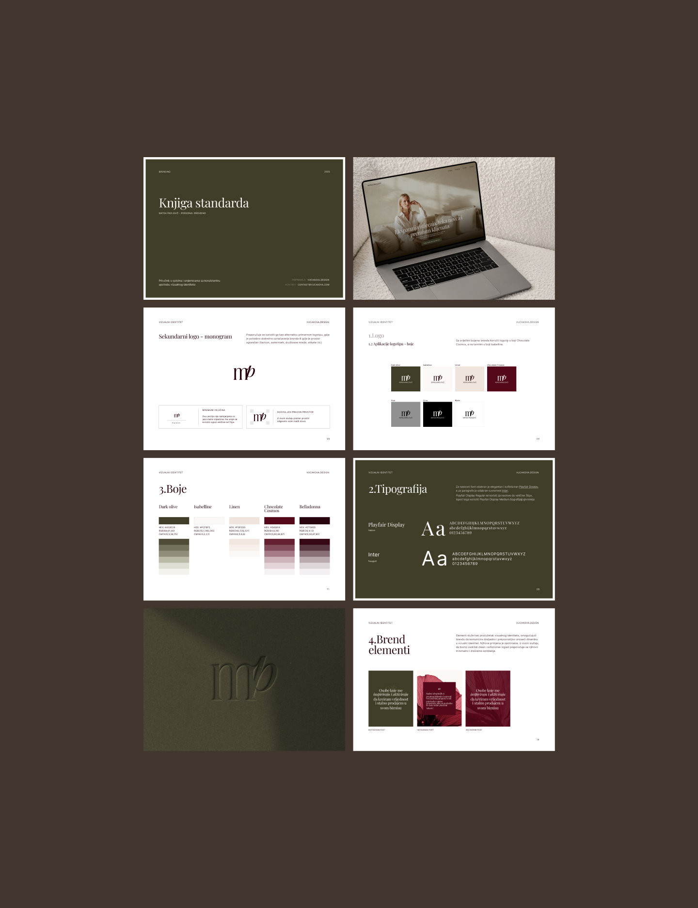 Branding style guide pages displaying logo, typography, color palette with dark olive, chocolate, and burgundy shades, and brand elements alongside a laptop showing a website.