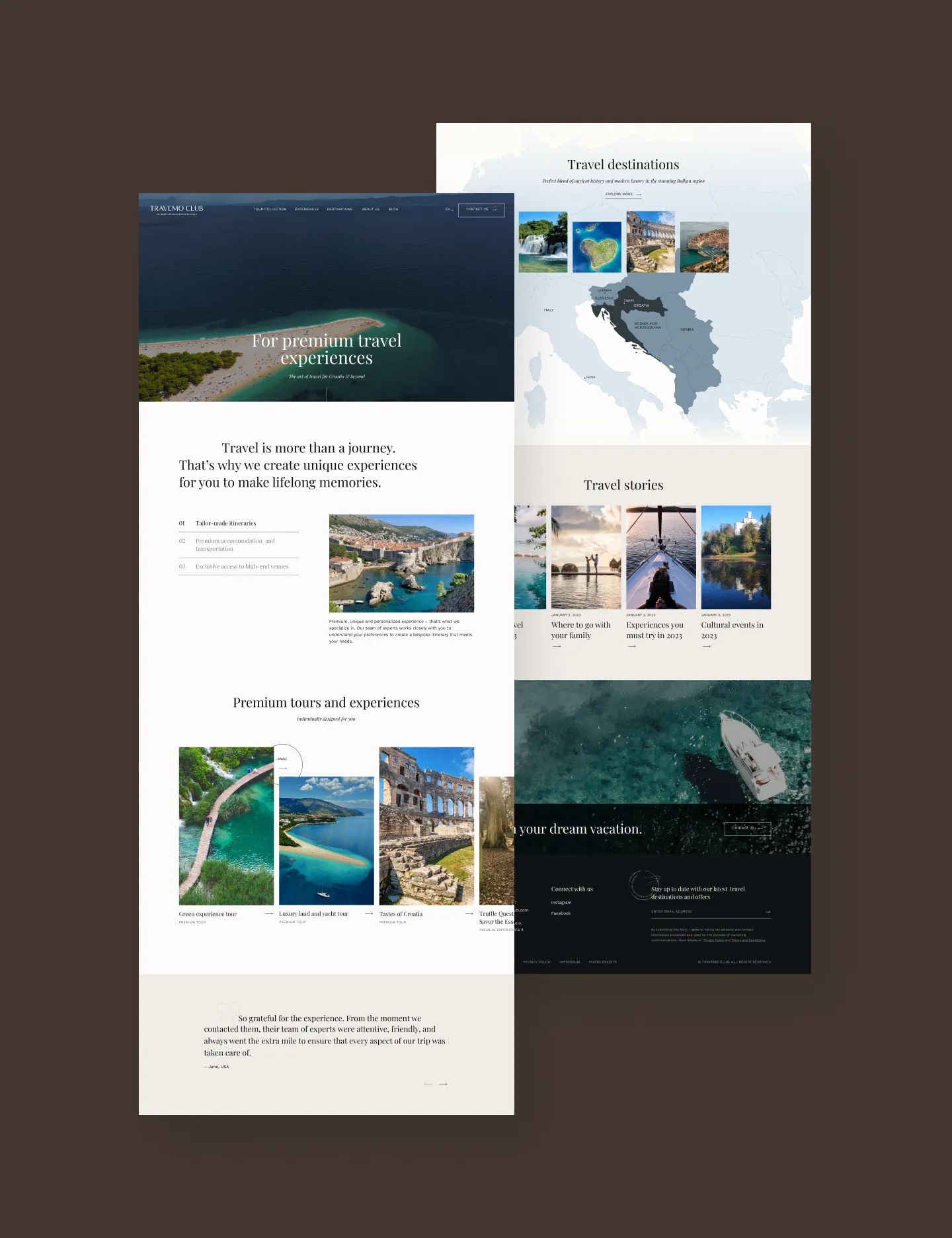 Website layout showcasing premium travel experiences with images of Adriatic coast, Croatia map, travel story previews, and luxury tours.