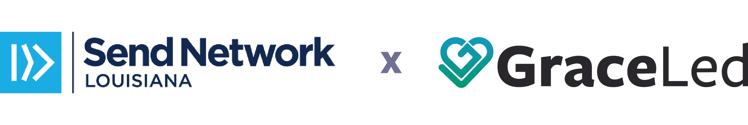 Logo of Send Network Louisiana and GraceLed side by side with a vertical line and an 'x' between them.