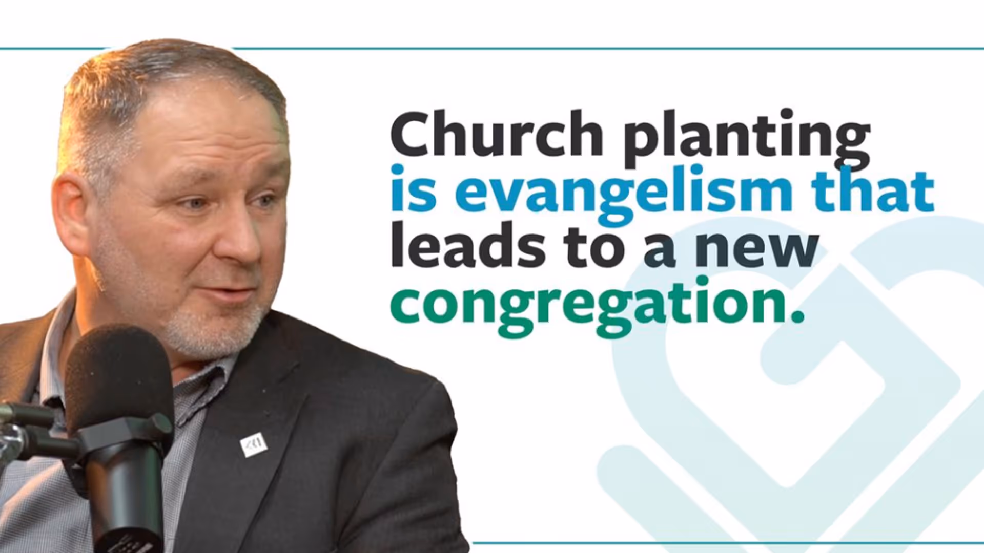Man speaking into a microphone with text: Church planting is evangelism that leads to a new congregation.