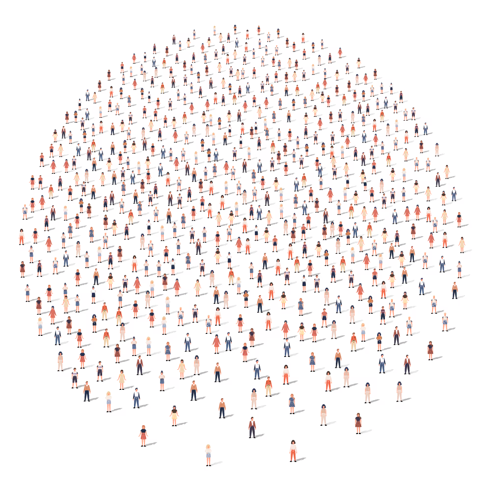 Wide aerial view of a large diverse crowd of people standing closely on a white background.