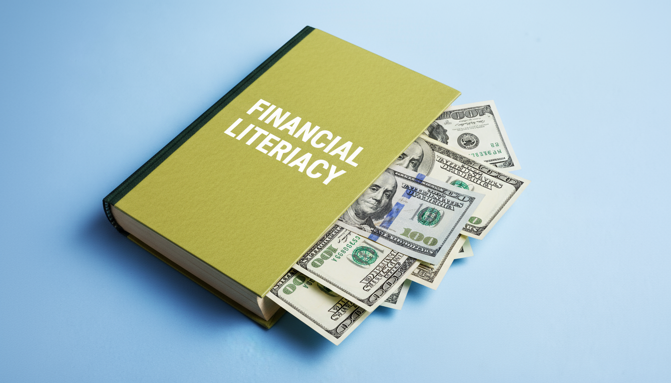  Close-up image of a green book titled "FINANCIAL LITERACY" with hundred dollar bills hanging out from the sides of the book.