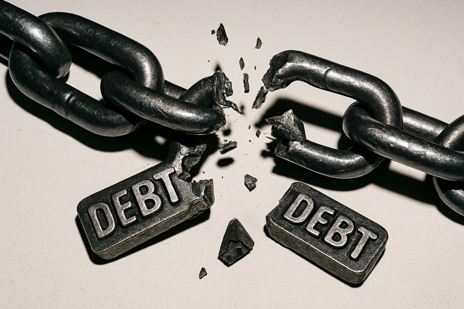  A heavy metal chain with a link labeled "DEBT" has been forcefully broken in the center, symbolizing freedom or relief from financial debt.