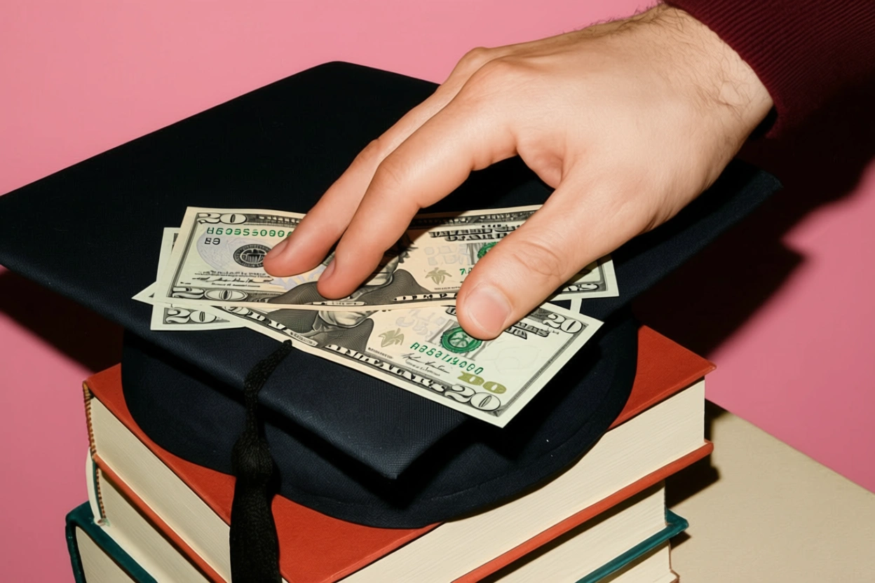  A hand is placing twenty dollar bills onto a black graduation cap resting on a stack of college textbooks, symbolizing educational costs.