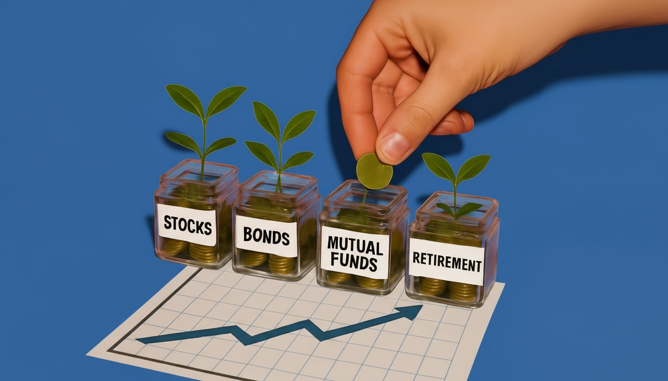  A hand is dropping a coin into a jar labeled "MUTUAL FUNDS," while other jars labeled "STOCKS," "BONDS," and "RETIREMENT" sit on a graph showing an upward growth trend.