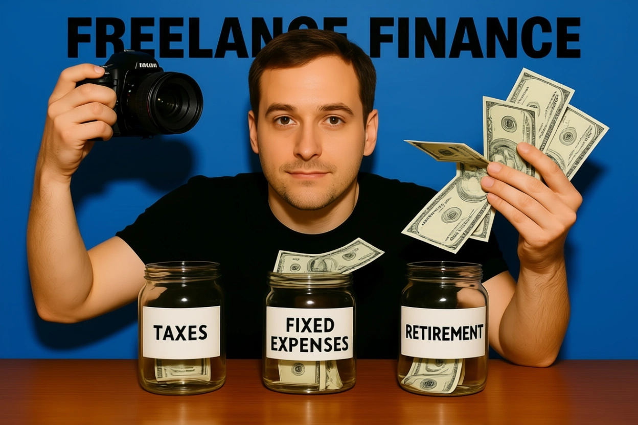 A man holds a camera and cash while three jars labeled "TAXES," "FIXED EXPENSES," and "RETIREMENT" sit beneath the title "FREELANCE FINANCE."