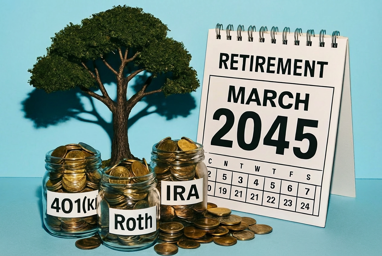  A desk calendar set to "RETIREMENT MARCH 2045" stands beside a small tree growing behind three jars labeled "401(k)," "Roth," and "IRA," all overflowing with gold coins.