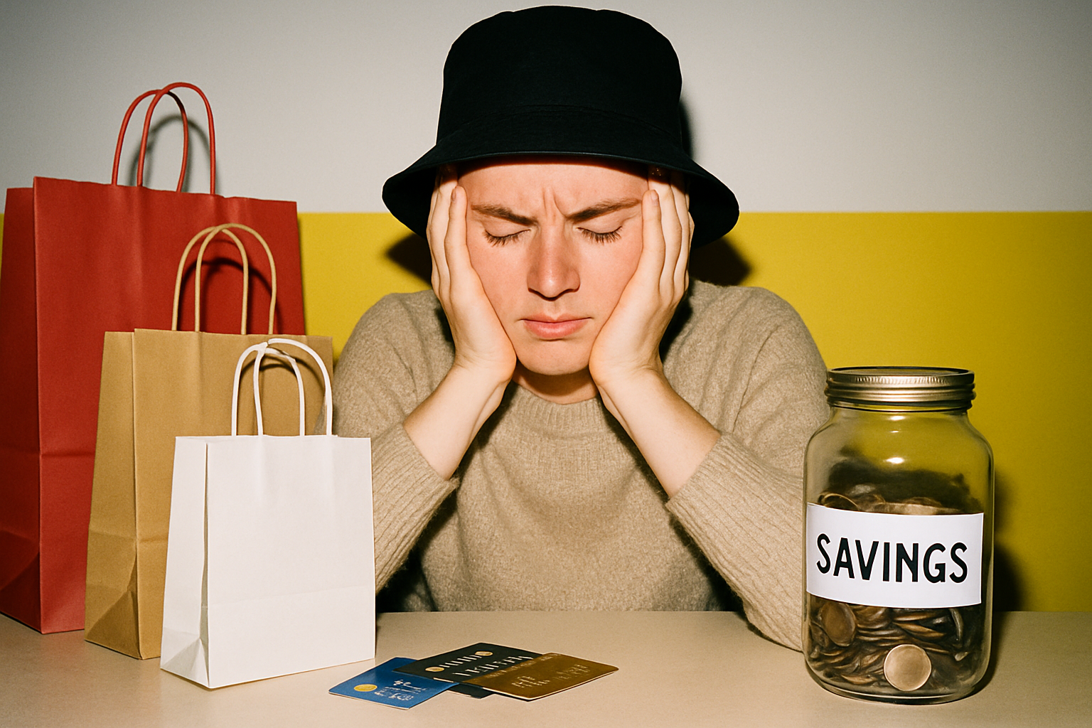 A frustrated person sits between shopping bags and a jar labeled "SAVINGS," holding their head in their hands with credit cards scattered nearby, symbolizing financial stress and impulse spending regret.