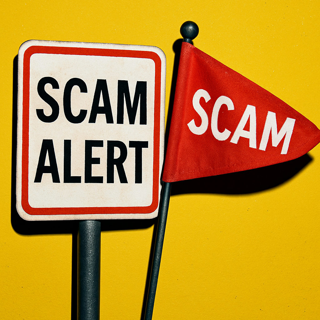 A "Scam Alert" sign with a black border next to a triangle red flag labeled "SCAM" in white text, standing against a textured bright yellow background, illustrating fraud prevention for the McGregor, Texas, community.